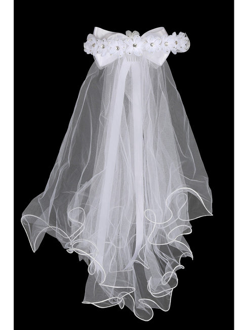 Kids Dream Girls White Gem Floral Back Bow Comb 21" Communion Flower Girl Veil - SophiasStyle.com